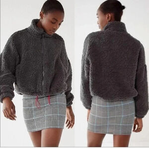 Urban Outfitters Willow Fuzzy Charcoal Drawstring Teddy Zipper Sherpa Jacket(M)